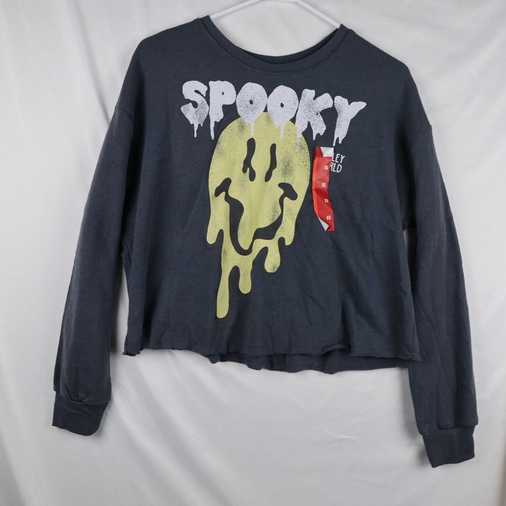SmileyWorld Spooky Sweatshirt Womens XS Gray Cropped Pullover Halloween Graphic